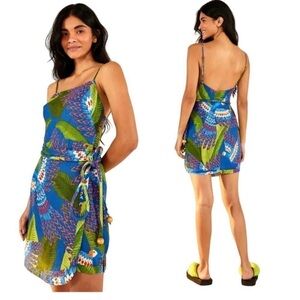 NWT - Farm Rio Blue Macaw Square Neck Sleeveless Linen Mini Dress Size S